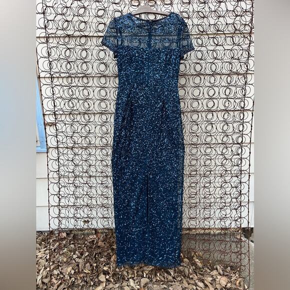 Adriana Papell Navy Blue Bead Sequin Long Formal Short Sleeve Glam Gown Size 8 - Picture 2 of 11